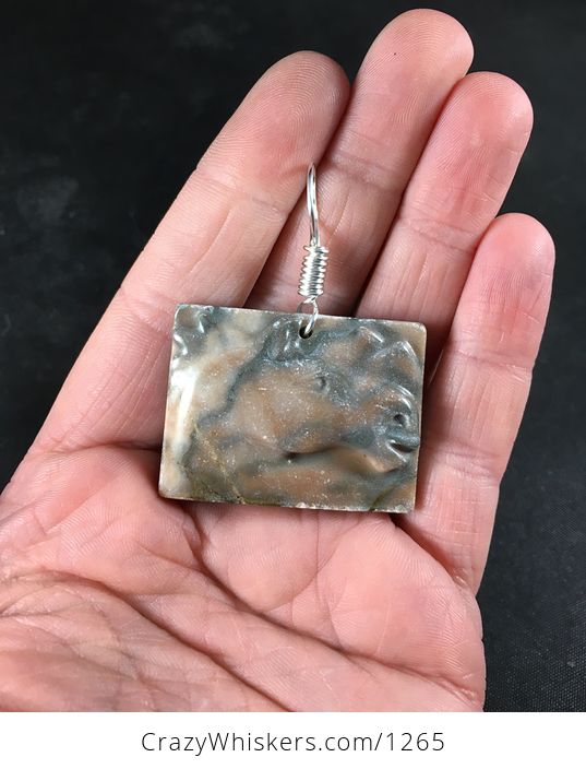 Carved Horse Head Jasper Stone Pendant with Wire Bail - #i5tPAeHm72Y-1