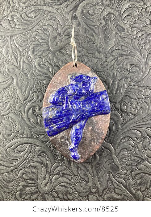 Carved Leopard Resting in a Tree in Lapis Lazuli over Rhodonite Stone Jewelry Pendant - #iQz0l7s2Myk-4