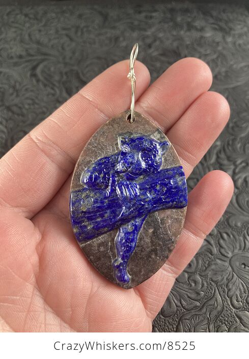 Carved Leopard Resting in a Tree in Lapis Lazuli over Rhodonite Stone Jewelry Pendant - #iQz0l7s2Myk-1
