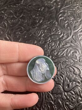 Carved Mother of Pearl Shell Basset Hound Dog on Green Jasper Cabochon #Uv2s5XUhErs