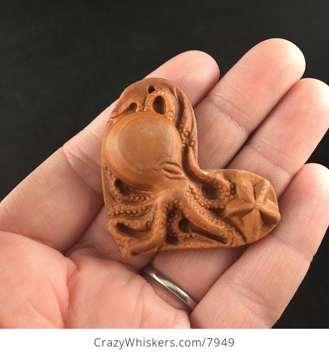 Carved Octopus Heart Jasper Stone Pendant Jewelry - #PiBQ8tcNAL4-1
