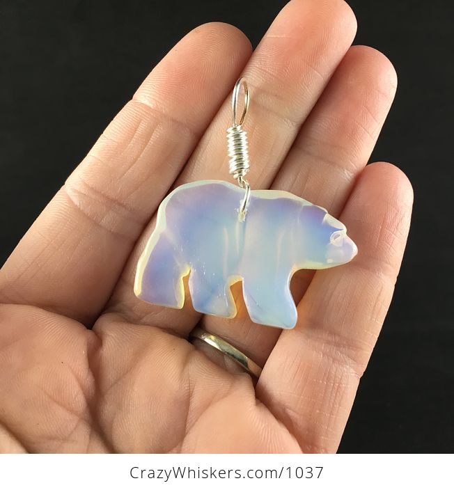 Carved Opalite Stone Walking Polar Bear Pendant Necklace with Silver Plated Wire Wrap Bail - #pEU6HWoFNkk-5