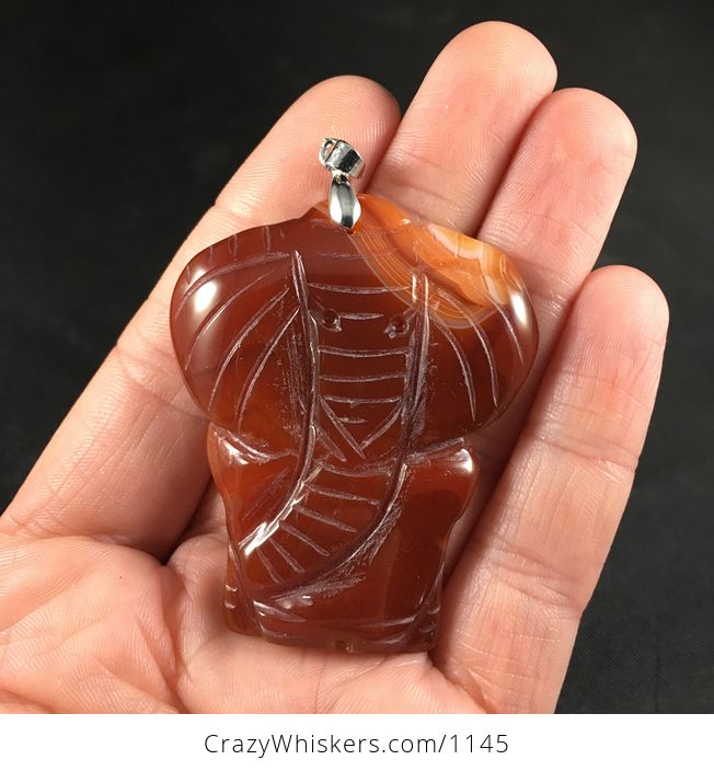 Carved Orange and Red and Brown Agate Stone Elephant Pendant - #tDbMih0yi4Q-1