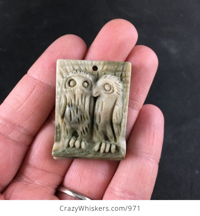 Carved Owl Pair Ribbon Jasper Stone Pendant with Wire Bail - #321VM4ykkrw-1