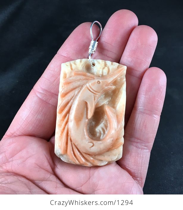 Carved Pastel Pink Ribbon Jasper Pendant of a Leaping Marlin Fish - #YKWxdzxbo98-1
