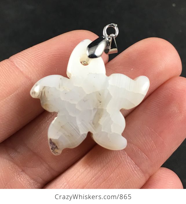 Carved Star Shaped White Dendrite Druzy Agate Stone Pendant Necklace - #u9iB6YZZZHU-2