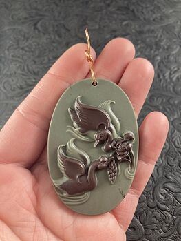 Carved Swan Pair Jasper Stone Pendant Jewelry Ornament Mini Art #p6msyDGHp9o