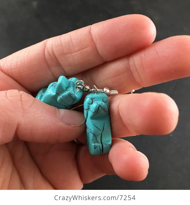 Carved Synthetic Turquoise Blue Sitting Dog Earrings - #jWzbs3H8Sa4-5