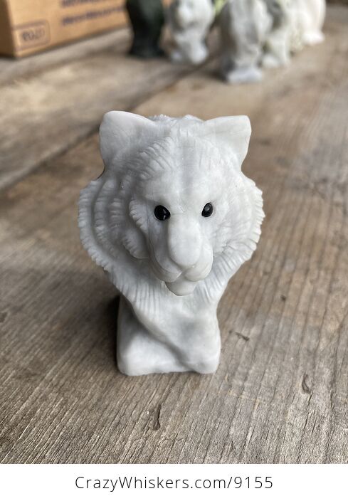 Carved Tiger Head Bust Figurine in off White Dendritic Stone - #tWY8ifYcF7o-11