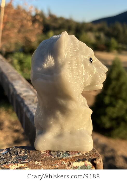 Carved White Tiger Head Bust Figurine in off White Pastel Green Stone - #iS1GI9ReANg-2