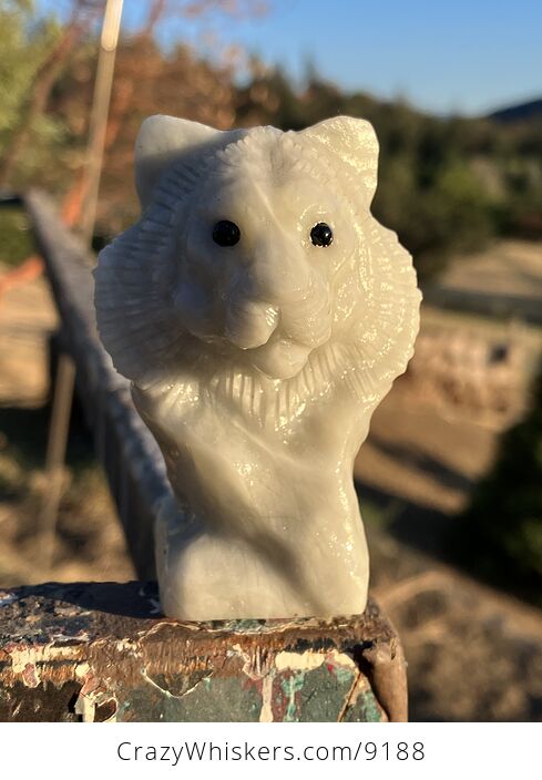 Carved White Tiger Head Bust Figurine in off White Pastel Green Stone - #iS1GI9ReANg-1
