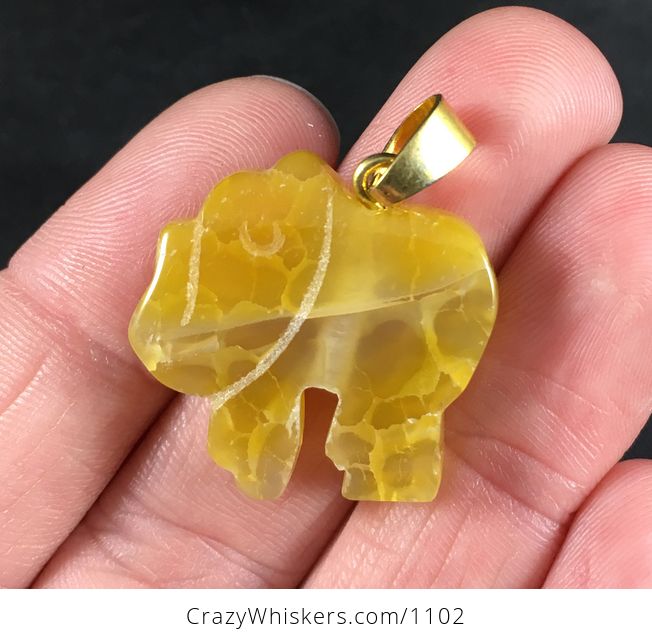 Carved Yellow Elephant Shaped Druzy Agate Stone Pendant - #OZCnNjlQ764-1