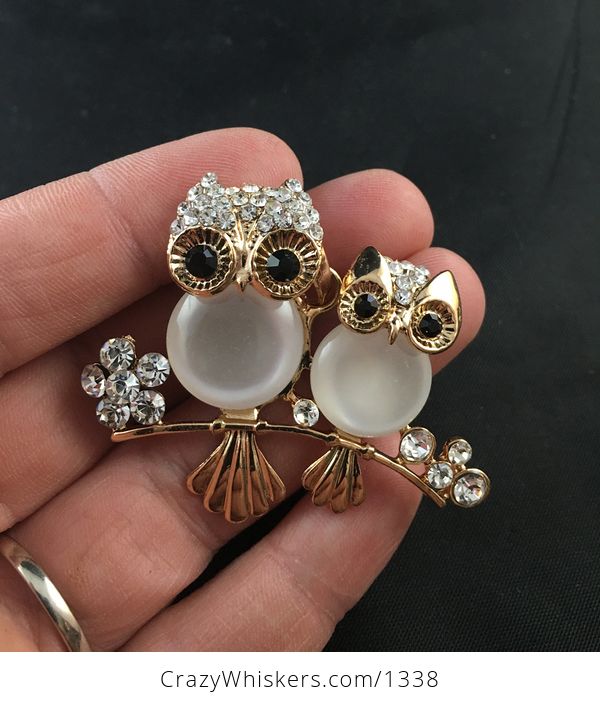 Cat Eye Gold Tone and Rhinestone Two Owls Pendant - #BOC8i9bCNIE-1