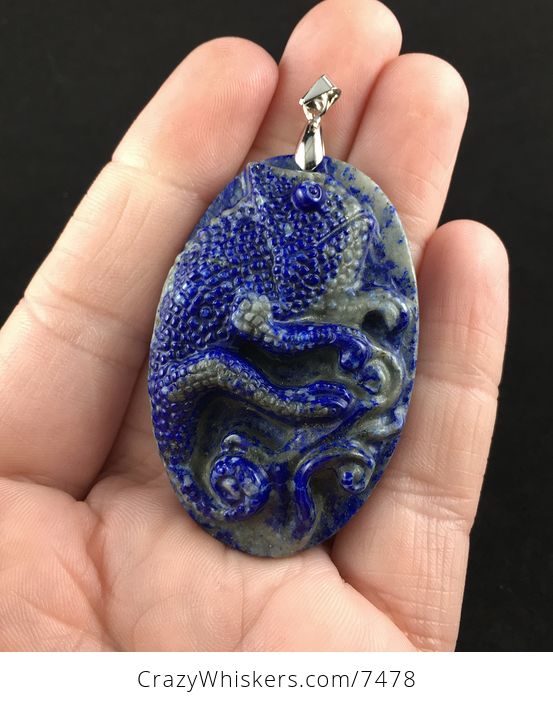 Chameleon Lizard Carved Lapis Lazuli Stone Pendant Jewelry - #fTLY2jl82u8-1