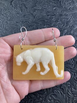 Cougar Mountain Lion Puma Big Cat Carved White Jade and Orange Chalcedony Stone Stone Pendant Jewelry #b78MJqTr8Dg