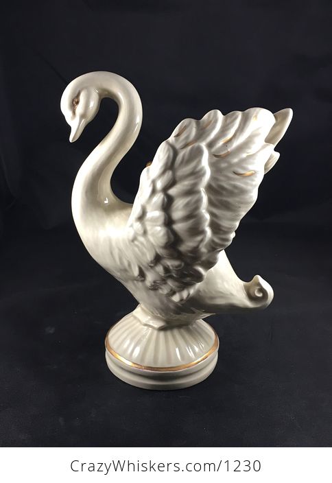 Cream Glazed Ceramic Swan Candle Holder with Gold Accents and a Crown Made by Ceci Holds 1 Taper Candle - #o8pwcxugJ88-1