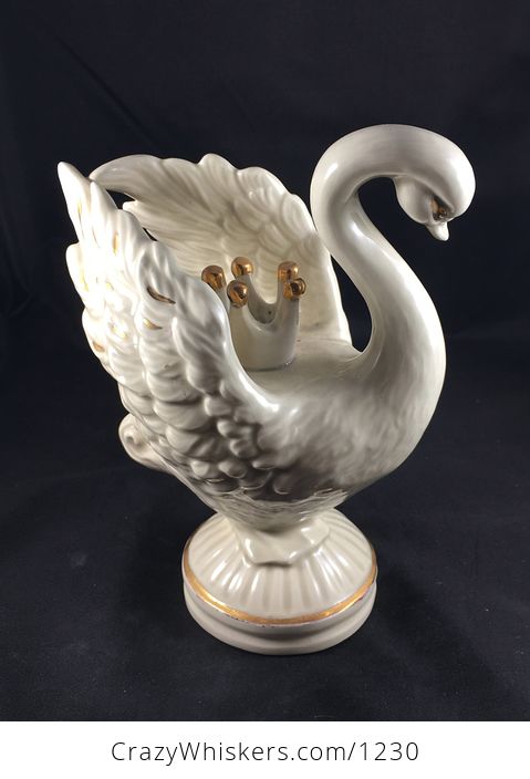 Cream Glazed Ceramic Swan Candle Holder with Gold Accents and a Crown Made by Ceci Holds 1 Taper Candle - #o8pwcxugJ88-3