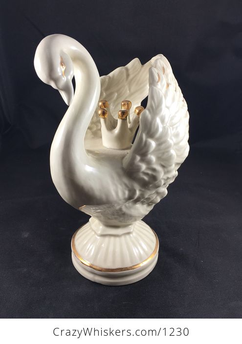 Cream Glazed Ceramic Swan Candle Holder with Gold Accents and a Crown Made by Ceci Holds 1 Taper Candle - #o8pwcxugJ88-2