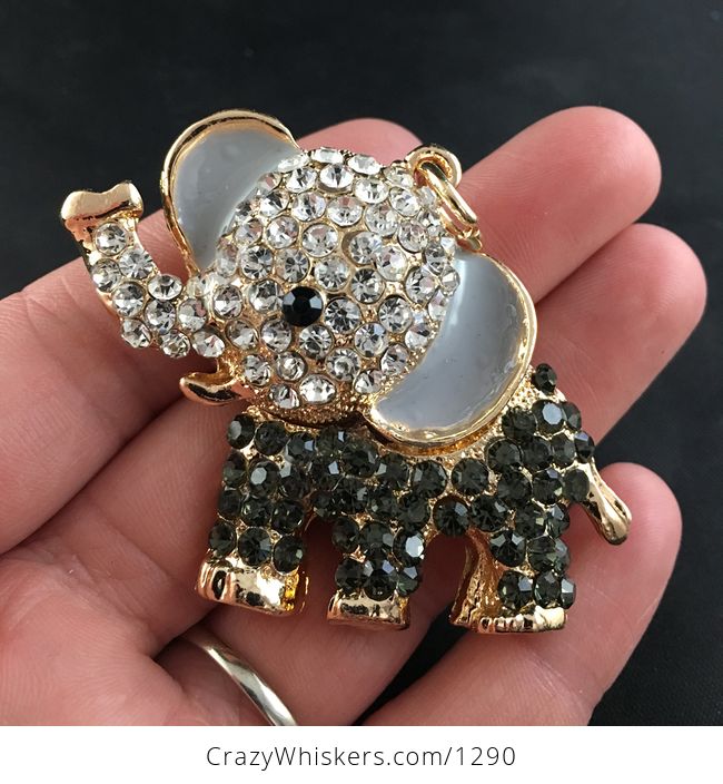 Cute Articulated Elephant with Smokey Black and Gray and White Crystal Rhinestones Pendant - #BtgMDX2j3Vw-1