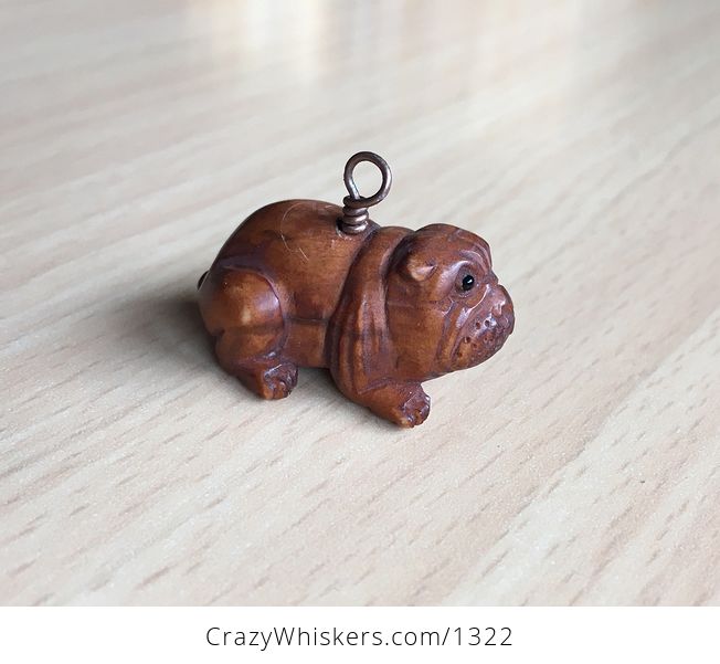 Cute Bulldog Ojime Bead Pendant Hand Carved Boxwood Signed by Carver - #qMV6bnZCEis-1