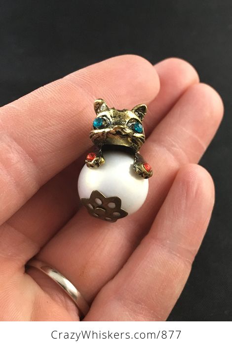 Cute Colorful Rhinestone and Vintage Bronze Cone Kitty Cat on a False Pearl Pendant - #kVL66UOTxq4-1