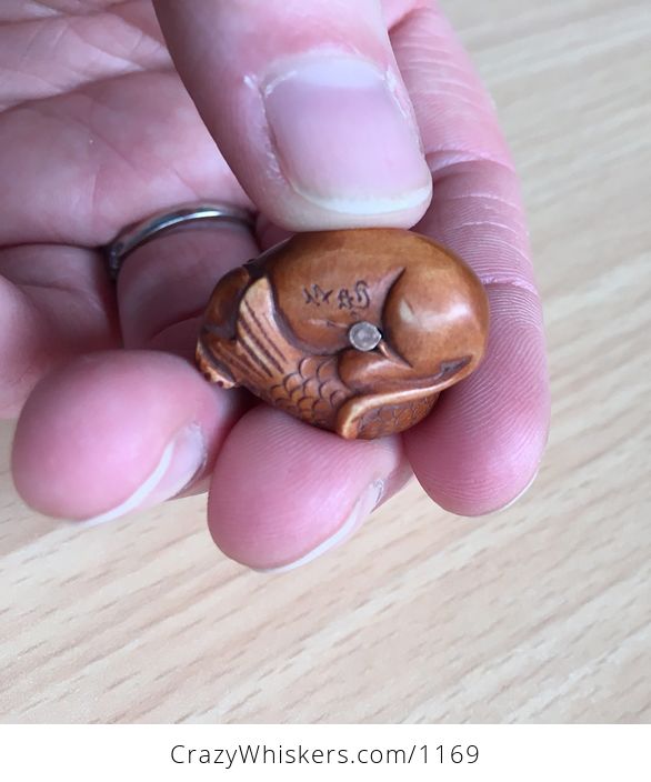 Cute Feline Kitty Cat and Fish Ojime Bead Pendant Hand Carved Boxwood Signed by Carver - #flUlcX6wqS4-3