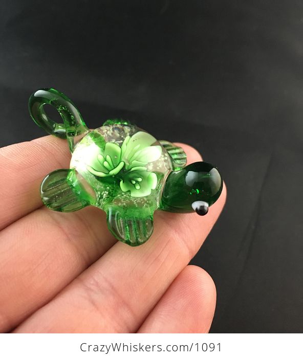Cute Glass Turtle Pendant in Green with Flowers in the Shell - #xvxSOm4h33M-3