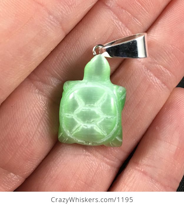 Cute Green Cats Eye Carved Stone Turtle Pendant Necklace - #VbYDrtOGliE-2