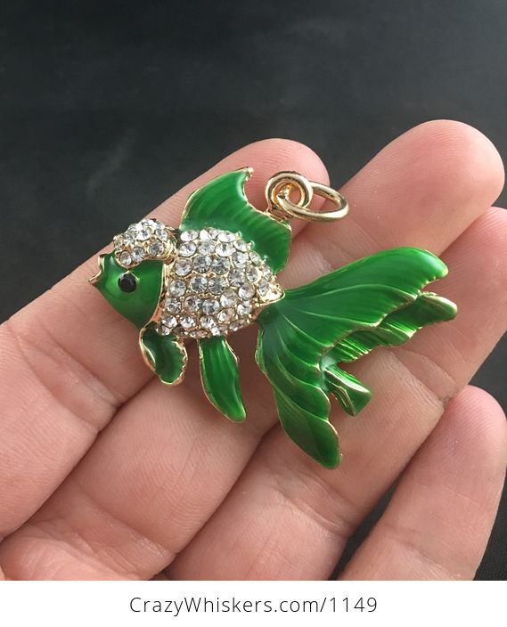 Cute Green Enamel and Rhinestone Crystal Oranda Goldfish Pendant on Gold Tone Finish - #wbRlenhjbA8-1