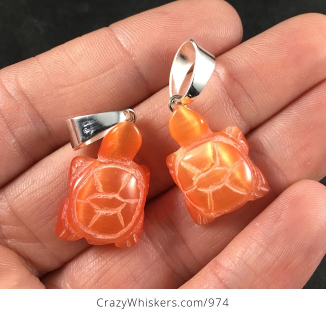 Cute Peach Orange Cats Eye Carved Stone Turtle Pendant Necklace - #ayhKQGfbWIs-1