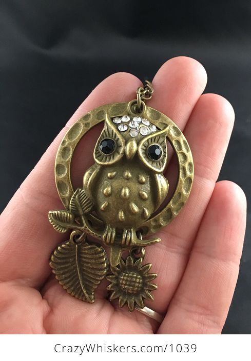 Cute Rhinestone and Textured Owl with a Moon Ring and Branch Hanging Leaf and Sunflower in Vintage Bronze Tone - #jWhYB1QuOeo-1