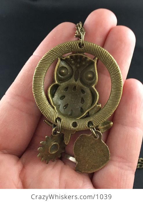 Cute Rhinestone and Textured Owl with a Moon Ring and Branch Hanging Leaf and Sunflower in Vintage Bronze Tone - #jWhYB1QuOeo-2