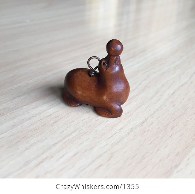 Cute Seal or Sea Lion Playing with a Ball Ojime Bead Pendant Hand Carved Boxwood Signed by Carver - #0zYEFv4FifM-2