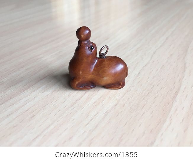 Cute Seal or Sea Lion Playing with a Ball Ojime Bead Pendant Hand Carved Boxwood Signed by Carver - #0zYEFv4FifM-1