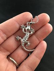 Cute Silver Tone Gecko Lizard Pendant with White Rhinestones #hXvYZKvSyhE
