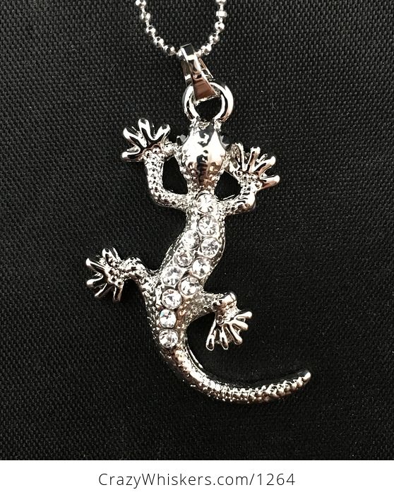 Cute Silver Tone Gecko Lizard Pendant with White Rhinestones - #hXvYZKvSyhE-3