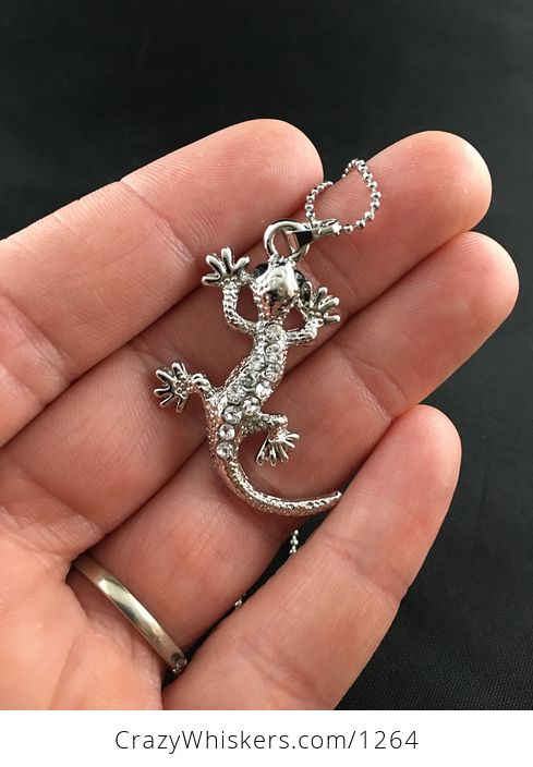 Cute Silver Tone Gecko Lizard Pendant with White Rhinestones - #hXvYZKvSyhE-1