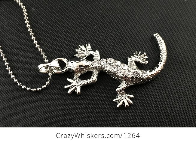 Cute Silver Tone Gecko Lizard Pendant with White Rhinestones - #hXvYZKvSyhE-4