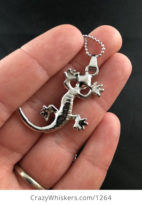 Cute Silver Tone Gecko Lizard Pendant with White Rhinestones - #hXvYZKvSyhE-2