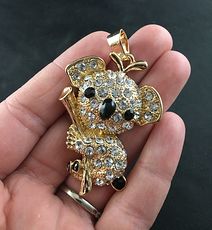 Cute Textured Gold Tone Metal Koala on a Branch with Black Stones and White Crystals #BoXoETCunW4