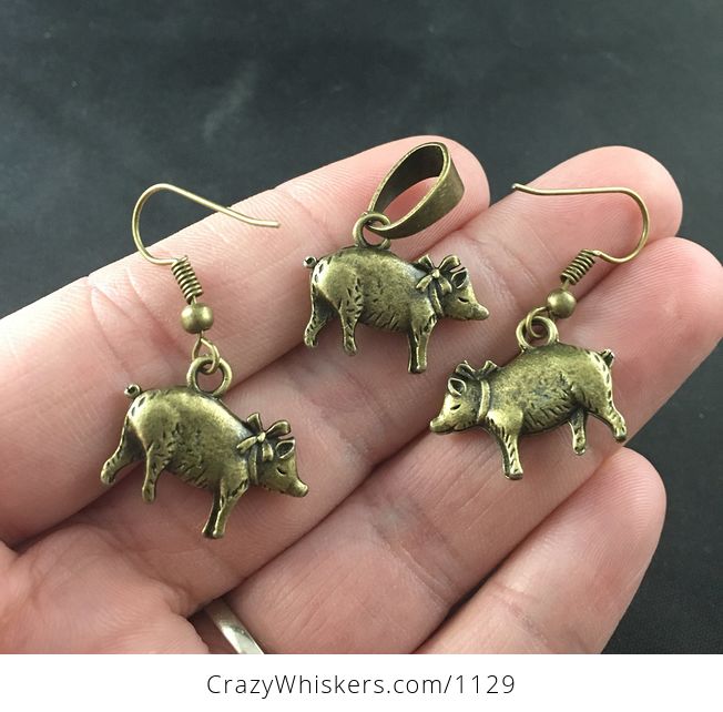 Cute Vintage Bronze Tone Piggy Necklace and Earrings Set - #zXt9CmUu5oI-1
