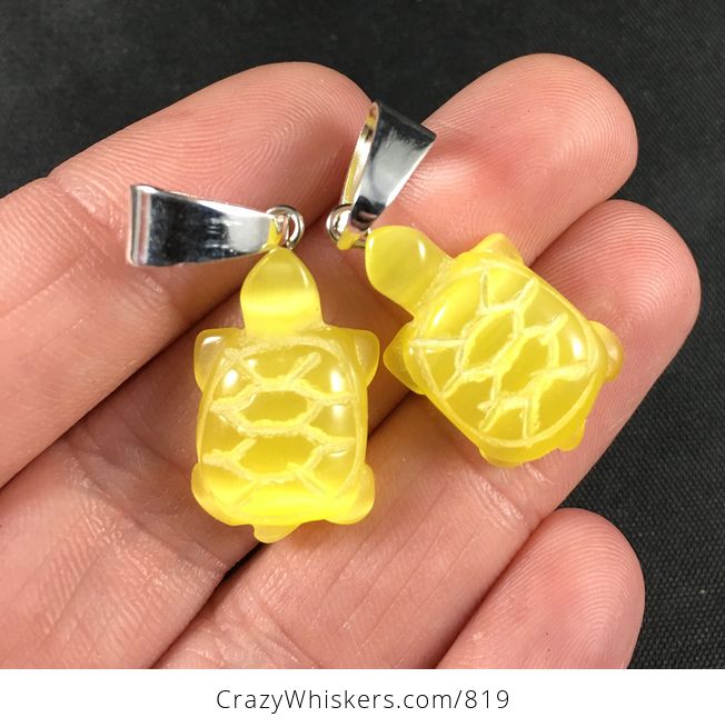 Cute Yellow Cats Eye Carved Stone Turtle Pendant Necklace - #nrwA0PPgYIE-1