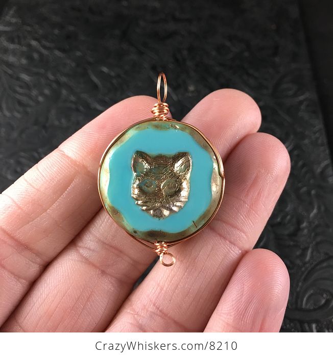 Czech Cut Robins Egg Blue Glass Kitty Cat Face Pendant with Copper Wire - #3KbvWC79t0c-3