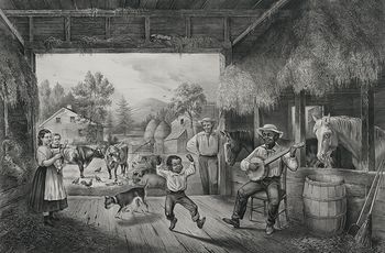 Digital Illustration of a Farmer and Daughter Watching a Dancer and Banjo Player in a Barn #0lmPY4PuO70