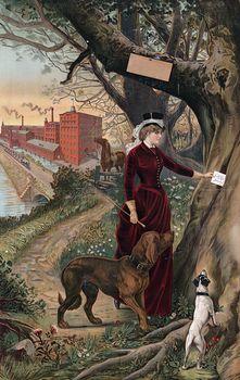 Digital Illustration of a Woman in Horseback Riding Clothes Putting a Note in a Tree Her Dogs Beside Her and Horse and Mill in the Background #zsncvz8HhQQ