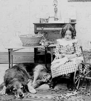 Digital Photo of a Dog Resting by Girl Sewing a Doll #5rcx6fokhfg