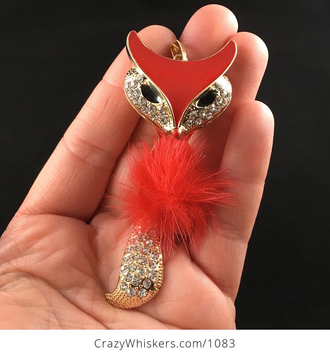 Fluffy Poof Ball Red Fox Pendant with Rhinestones on Textured Metal and Wiggly Tail - #RrC49LRNwm0-1