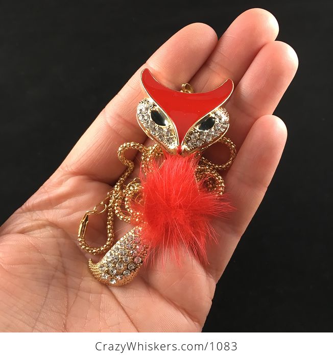 Fluffy Poof Ball Red Fox Pendant with Rhinestones on Textured Metal and Wiggly Tail - #RrC49LRNwm0-4