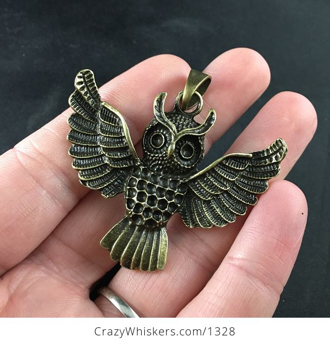 Flying Owl Pendant in Antique Bronze Alloy Finish - #bYN7XZ9kFb4-1
