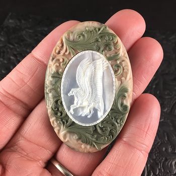 Flying Pegasus Horse Carved in Mother of Pearl Shell and Set in Green and Beige Ribbon Jasper Stone Jewelry Pendant #bwWBFzm22M8